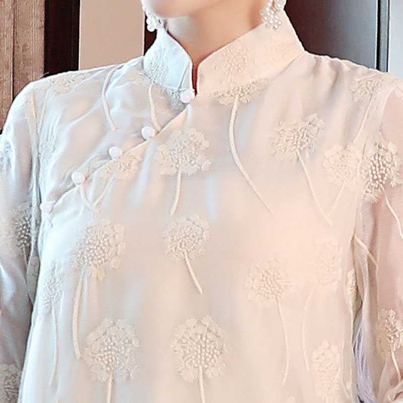 花刺繍シフォンホワイトチャイナロングワンピース（ ロングドレス 