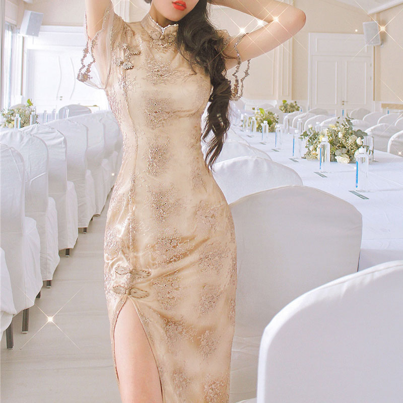 シャンパンゴールド金刺繍ドレス（ ロングドレス）｜マイチャイナ