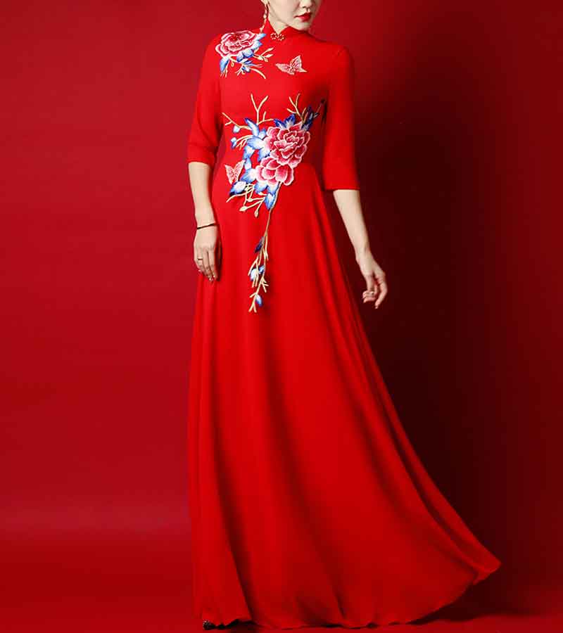 花刺繍イブニングチャイナドレス(2色)（ ロングドレス）｜マイチャイナ