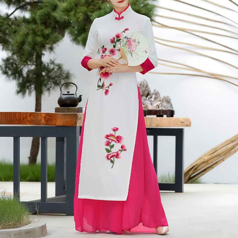 花刺繍アオザイドレス(ホワイト+ローズピンク)（ ロングドレス）｜マイチャイナ